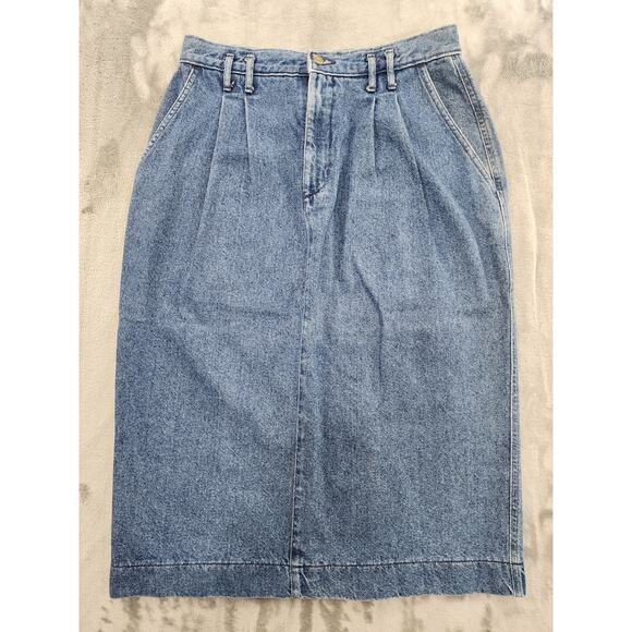 Vintage 80s Dockers Pleated Denim Pencil Skirt Size 12 Petite Blue Pockets Slit - Picture 1 of 11